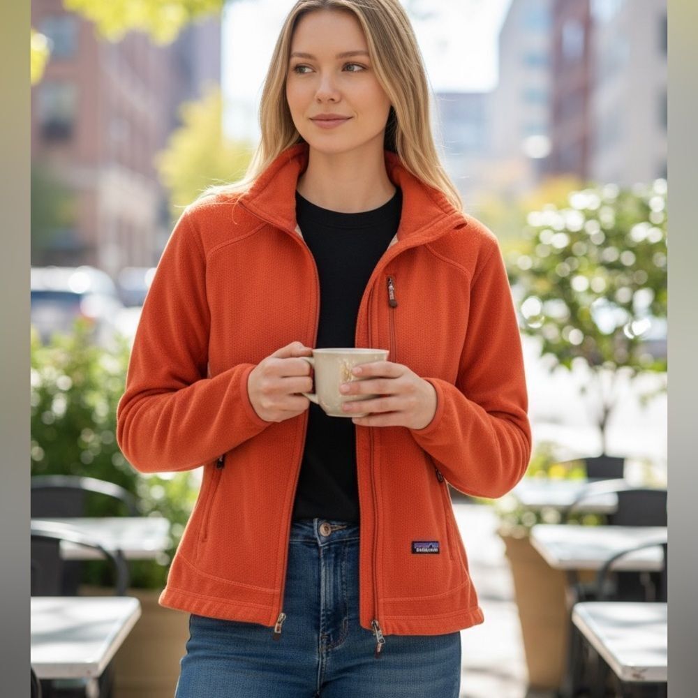 Patagonia Womens Orange Lightweight R4 Regulator Full Zip Fleece Jacket Sz Small